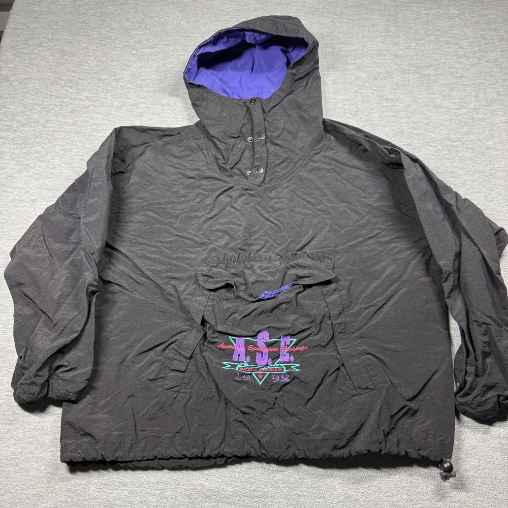 A.S.E. Anorak Men XL Black Purple Vintage 1992 Worldwide Graphic Hooded Windbrea